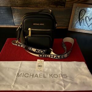 Michael Kors Black Leather Belt Bag with Gold Hardware and Branded Strap